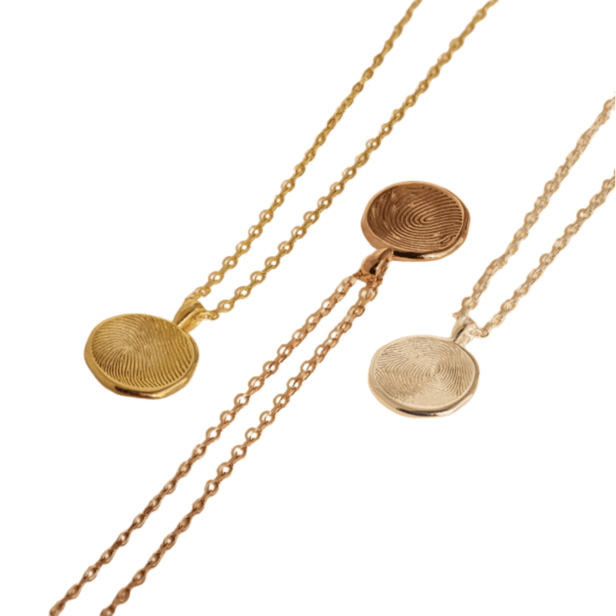 Fingerprints pendant necklaces in gold, rose gold, and silver with intricate circular designs, perfect for custom jewelry enthusiasts. High-quality, elegant jewelry pieces for personalization.