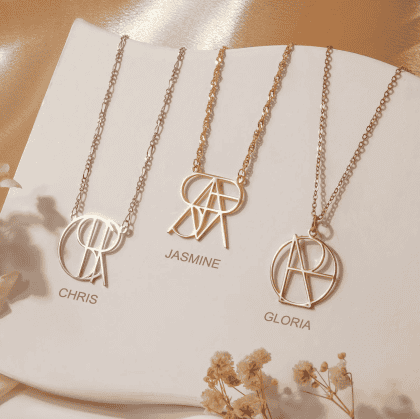 Delicate personalized gold necklaces with custom monogram pendants featuring initials Chris, Jasmine, and Gloria, perfect for custom jewelry lovers and personalized gift ideas.