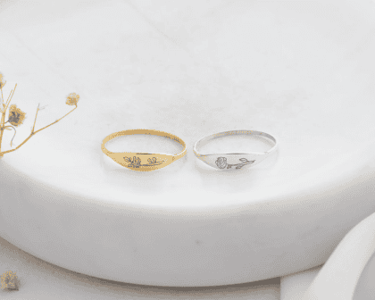 Gold and silver engraved flower wedding band rings, customizable jewelry, delicate floral design, handcrafted jewelry, Nayram - Custom Jewelry, minimalistic wedding bands, engraved rings for couples.