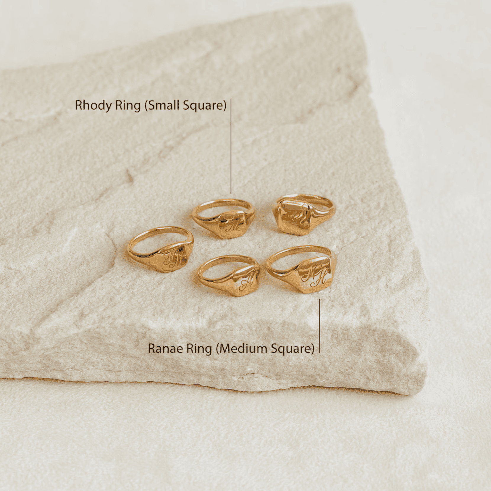 Deluxe gold personalized jewelry rings with engraved initials, available in small and medium sizes, perfect for custom jewelry design and special gift ideas.