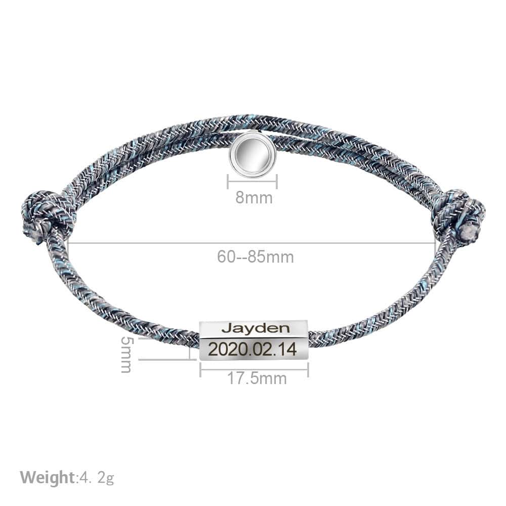 Silver personalized jewelry bracelet with engraved name and date, adjustable 60-85mm, 8mm width, and 17.5mm ID plate, perfect for custom jewelry gifts.
