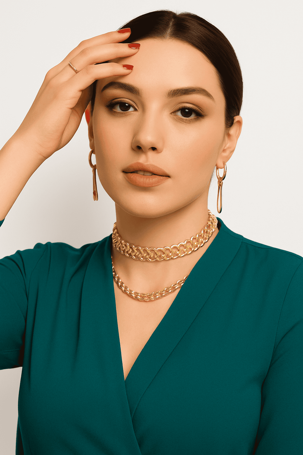 Elegant gold jewelry set including layered necklaces, drop earrings, and a ring, showcased on a woman with a chic teal dress for luxury lifestyle and custom jewelry styling.