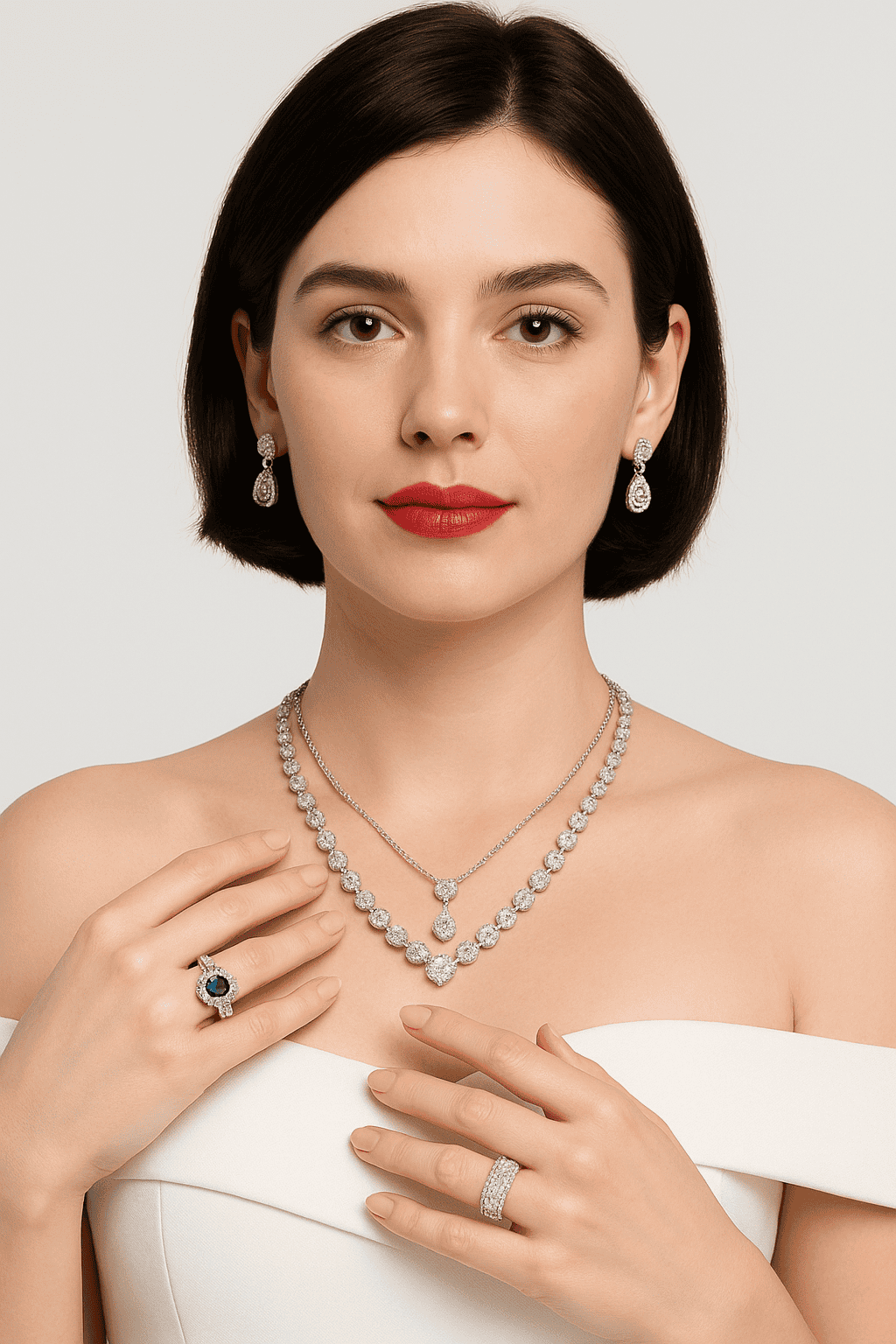 Elegant women with diamond jewelry including earrings necklace and rings, showcasing luxury and custom jewelry designs for special occasions.